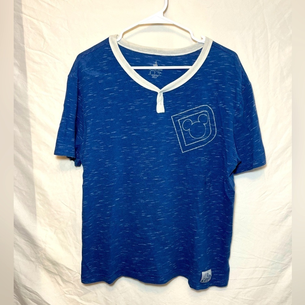 Disney Parks T-Shirt - V-neck with Buttons - Retro Style - Size M - Blue/White